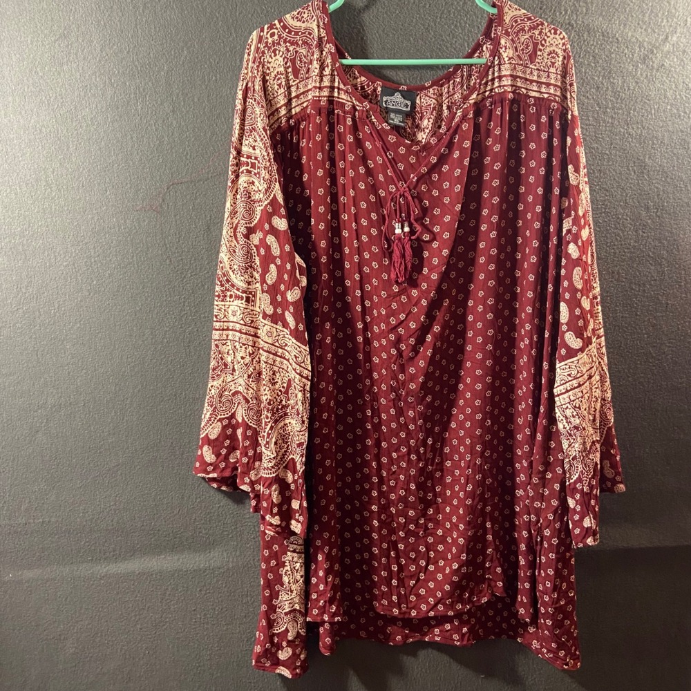 Angie peasant tunic top 2x Paisley Tassel Tie Boho Maroon hippie bohemian flowy